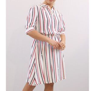Women's White Stripe Shirt Dress with Red & Navy Dots